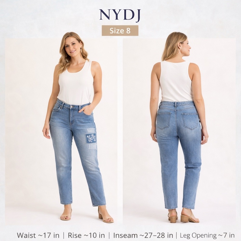 NYDJ Size 8 Blue Straight Leg Jeans Floral Embroidered Patch Medium Wash Denim